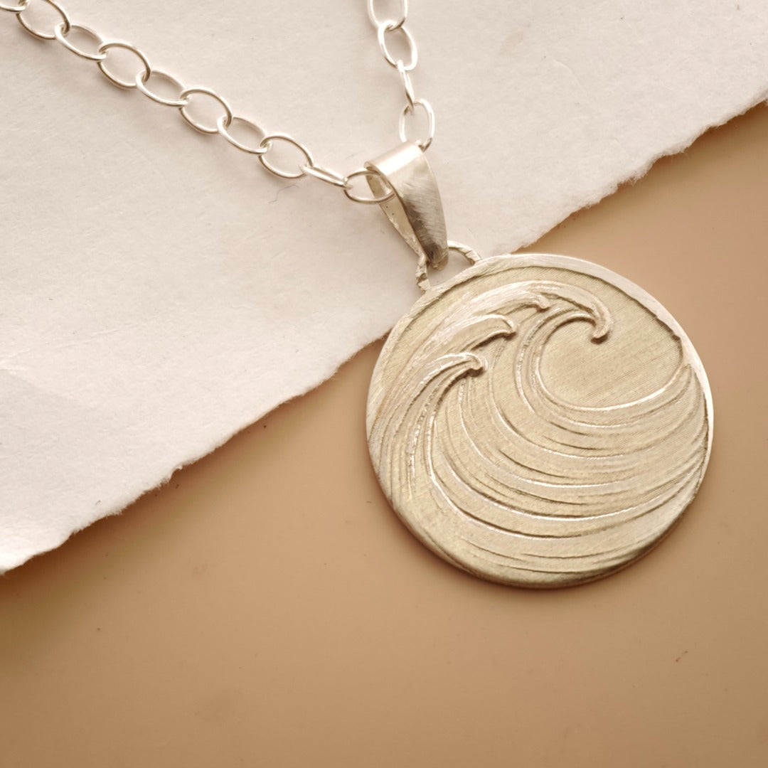 Wave Engraved Sterling Silver Coin Necklace