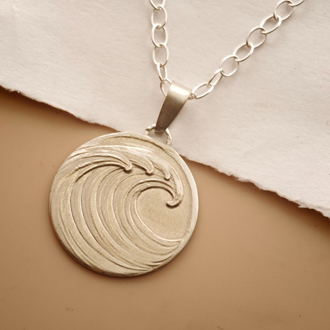 Wave Engraved Sterling Silver Coin Necklace