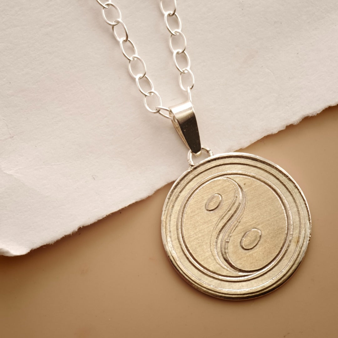 Balance Yin Yang Engraved Sterling Silver Coin Necklace