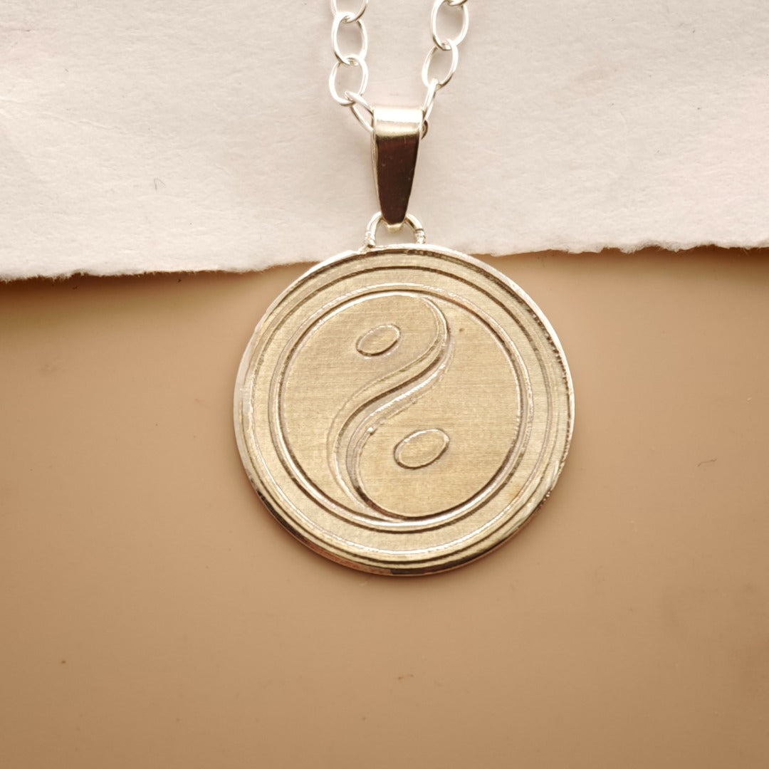 Balance Yin Yang Engraved Sterling Silver Coin Necklace