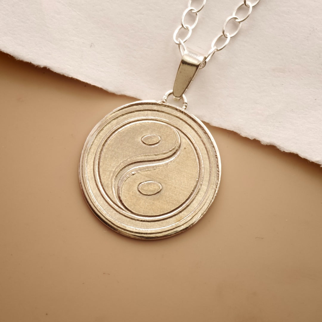 Balance Yin Yang Engraved Sterling Silver Coin Necklace