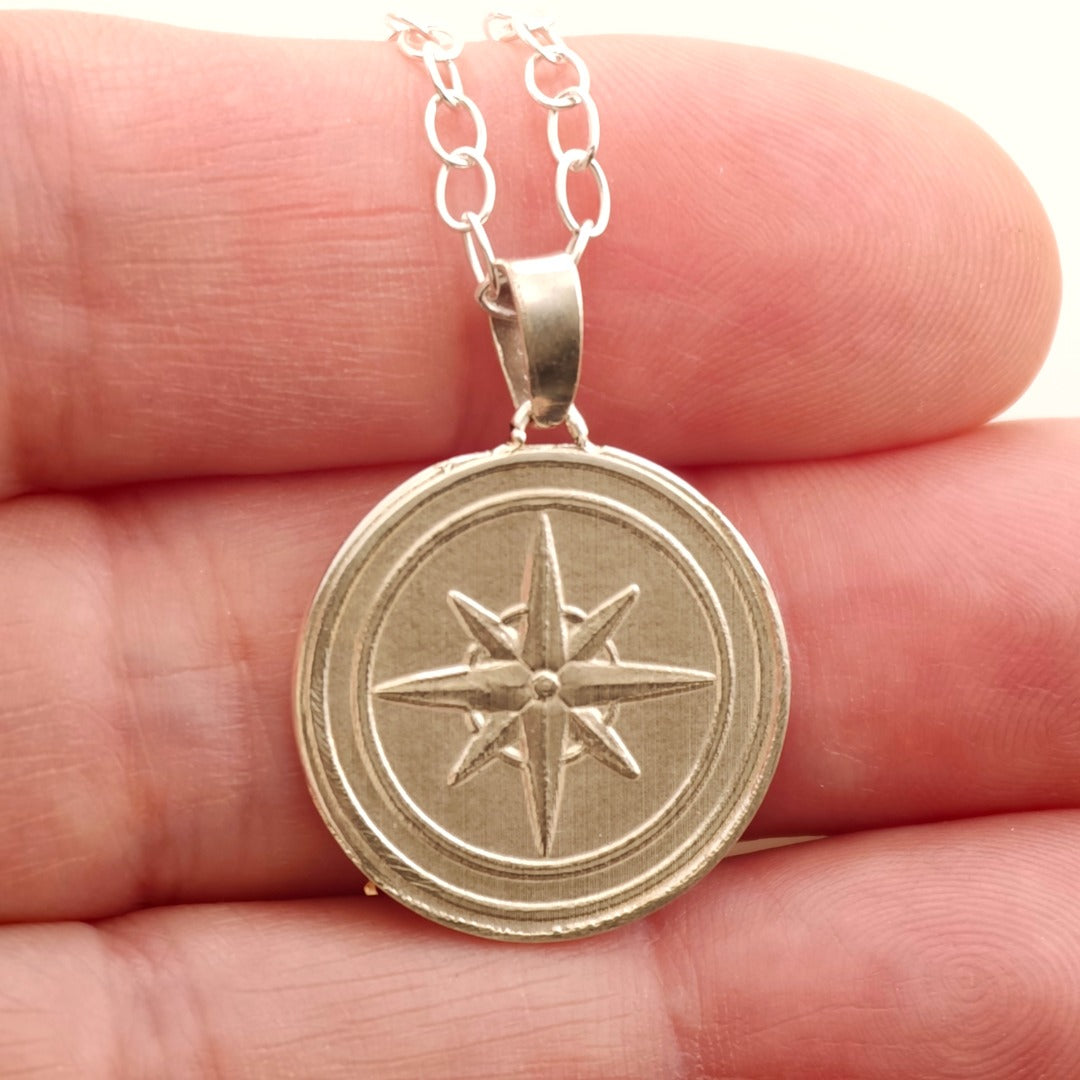 Compass Engraved Sterling Silver Coin Necklace