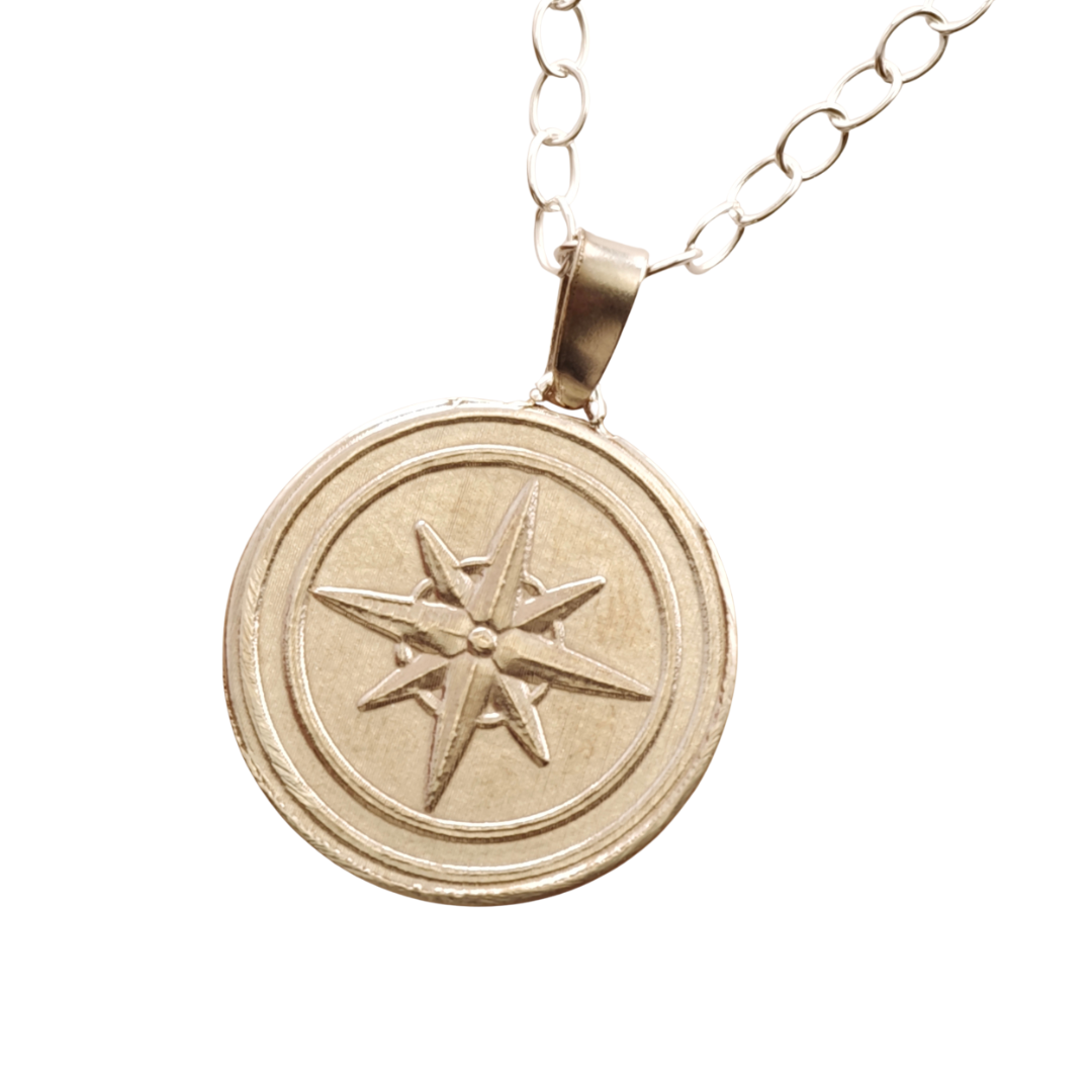 Compass Engraved Sterling Silver Coin Necklace
