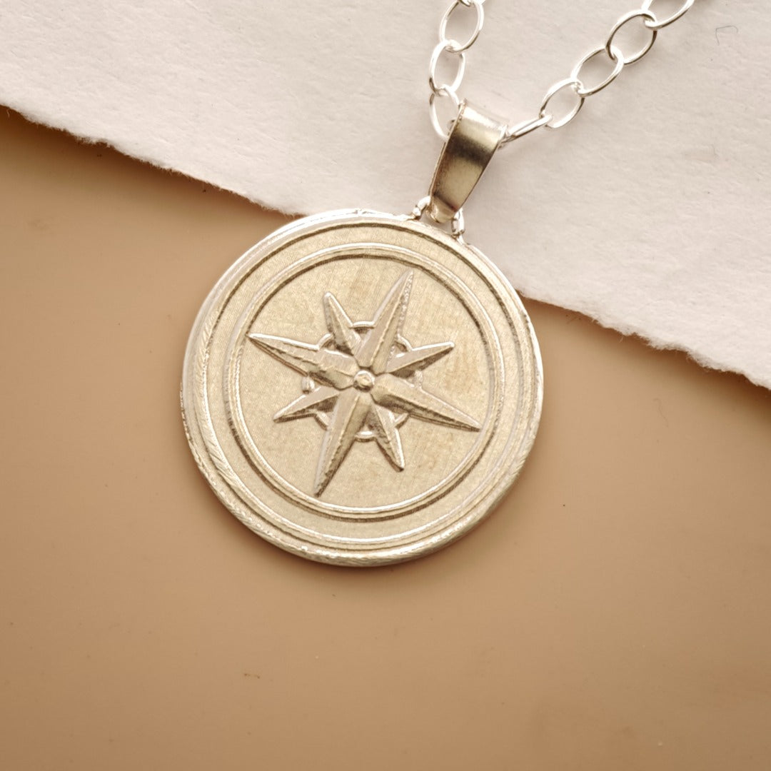 Compass Engraved Sterling Silver Coin Necklace