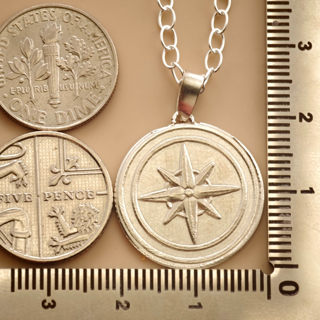 Compass Engraved Sterling Silver Coin Necklace
