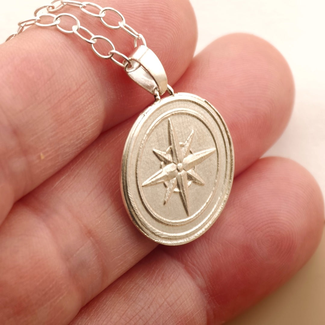 Compass Engraved Sterling Silver Coin Necklace