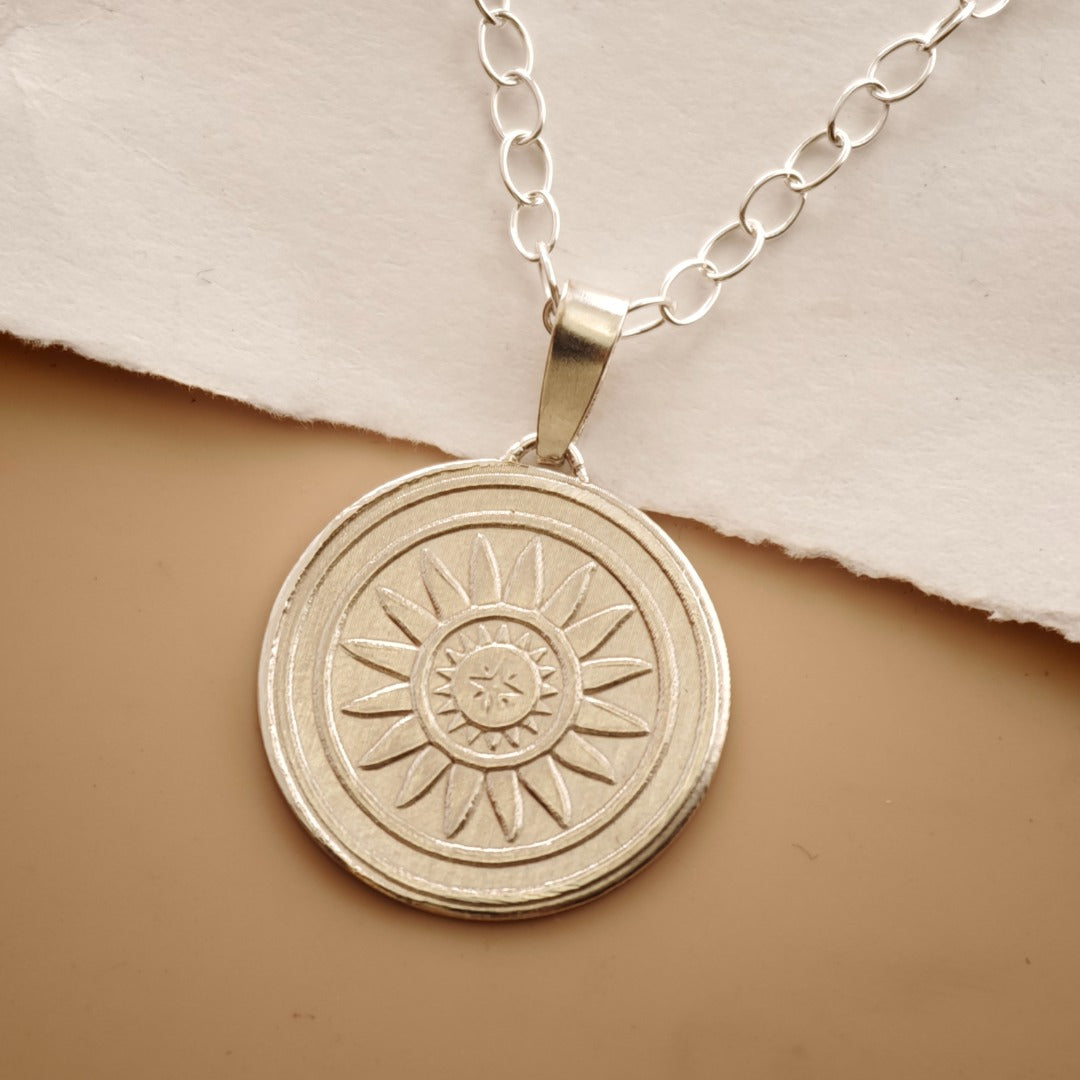 Sun Engraved Sterling Silver Coin Necklace