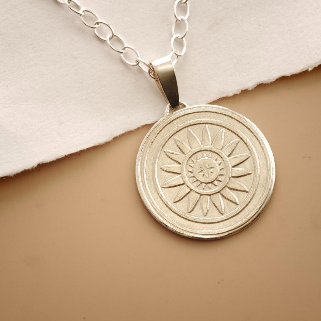 Sun Engraved Sterling Silver Coin Necklace