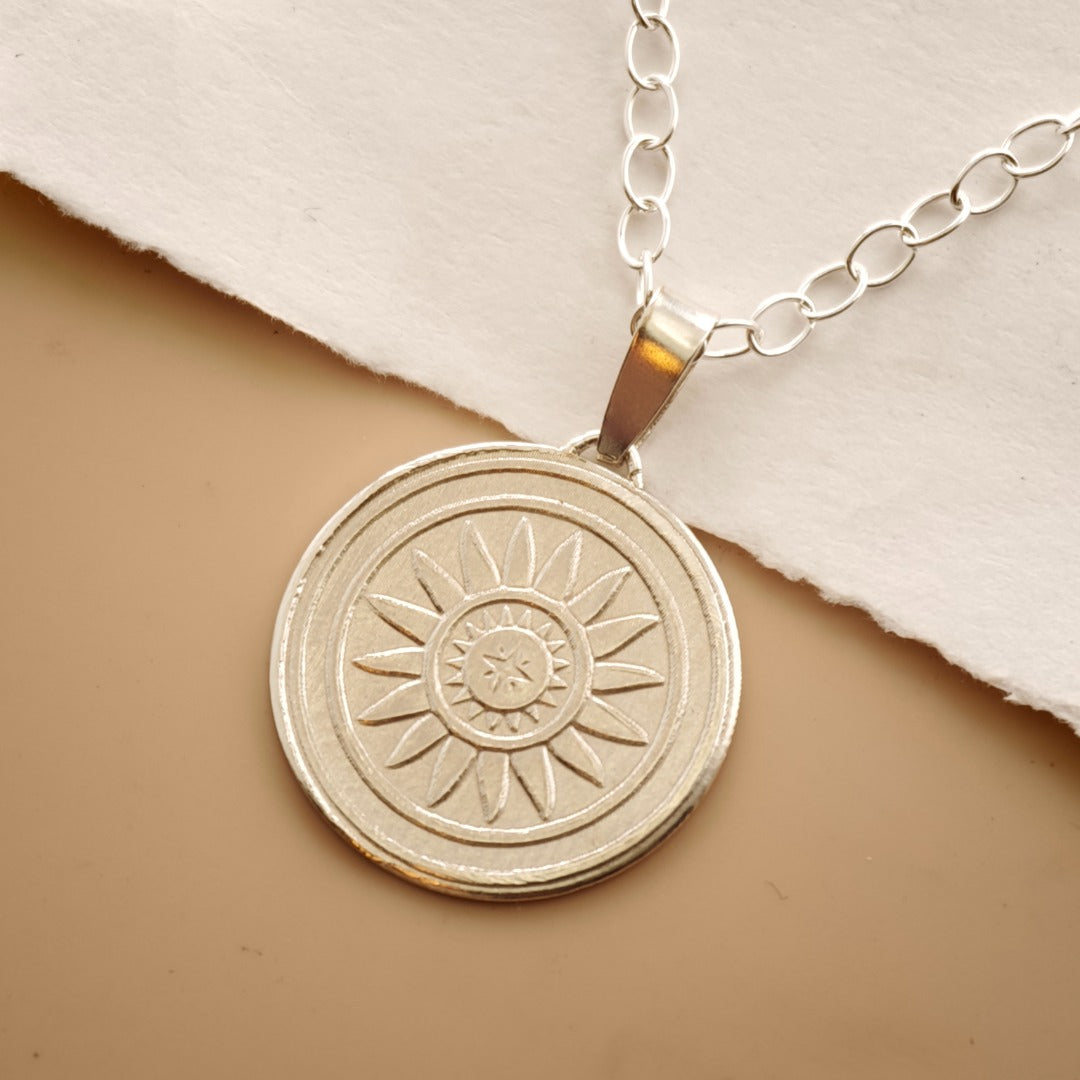 Sun Engraved Sterling Silver Coin Necklace