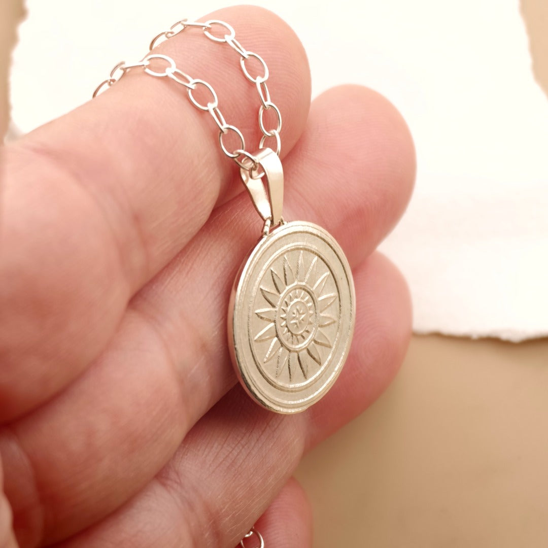 Sun Engraved Sterling Silver Coin Necklace