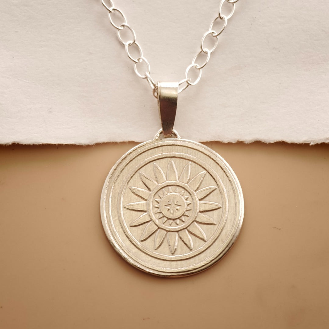 Sun Engraved Sterling Silver Coin Necklace