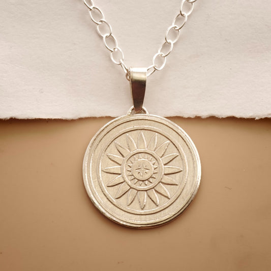 Sun Engraved Sterling Silver Coin Necklace