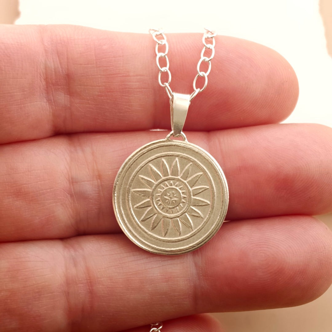 Sun Engraved Sterling Silver Coin Necklace