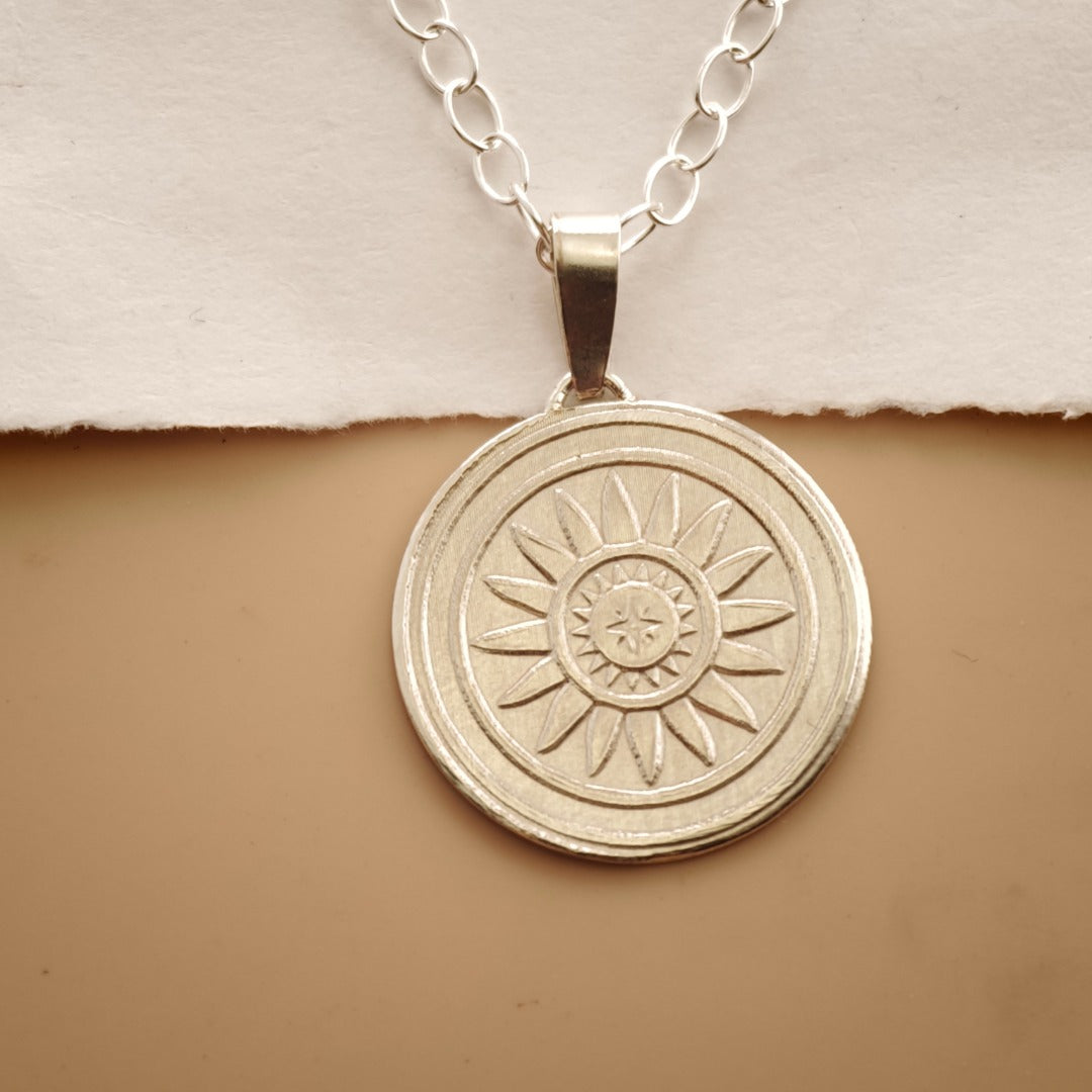 Sun Engraved Sterling Silver Coin Necklace