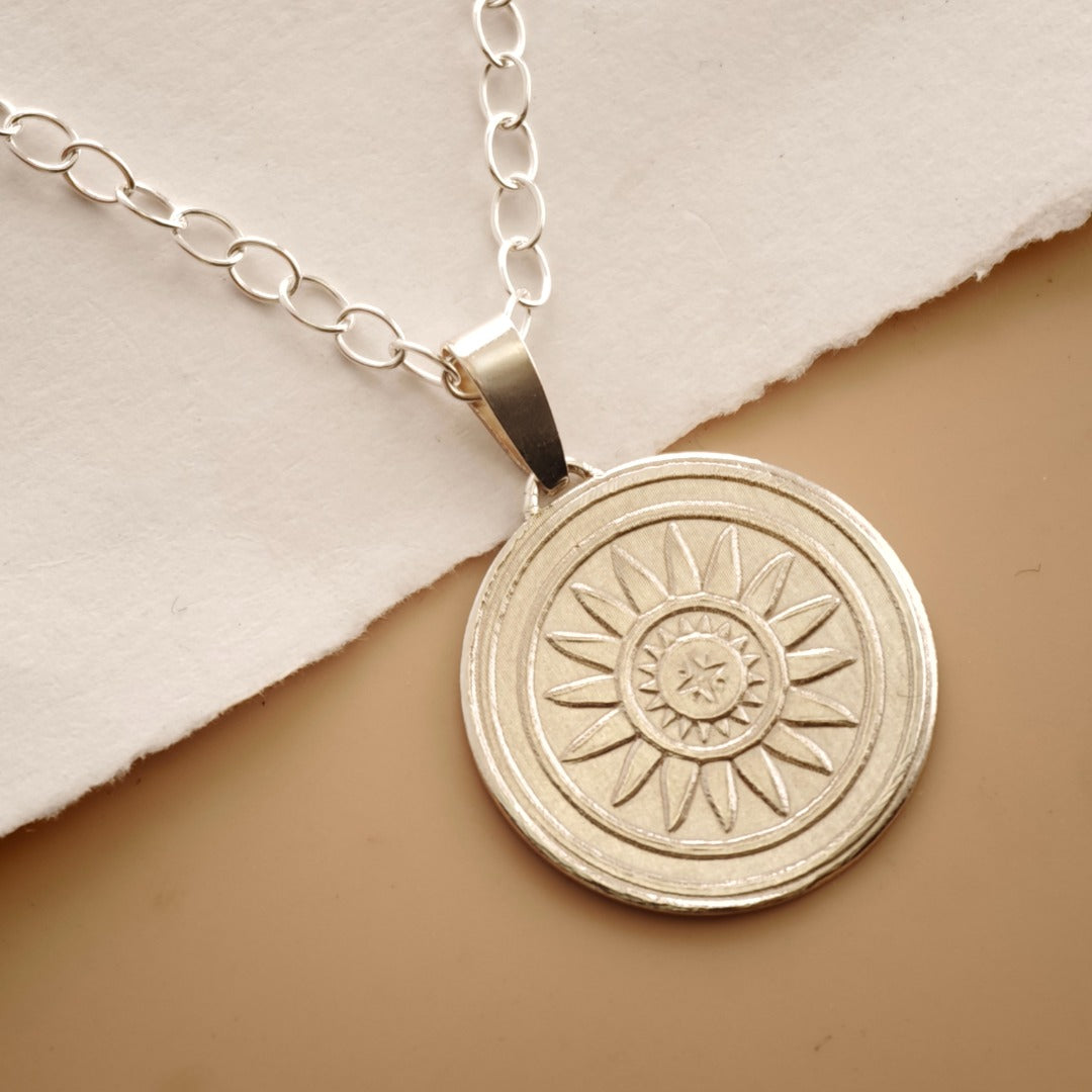Sun Engraved Sterling Silver Coin Necklace