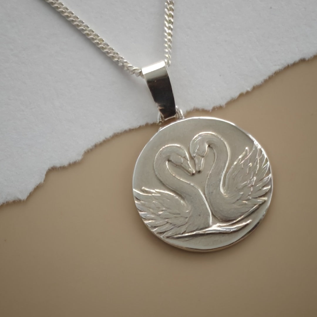 Gemini Sterling Silver Necklace Zodiac Twin Swans Disc Pendant 17mm Gift UK