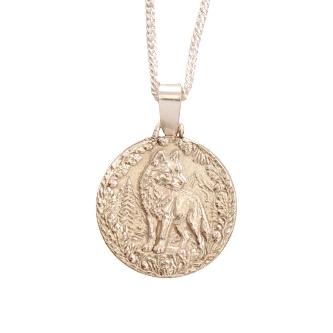 Wolf Engraved Sterling Silver Coin Necklace