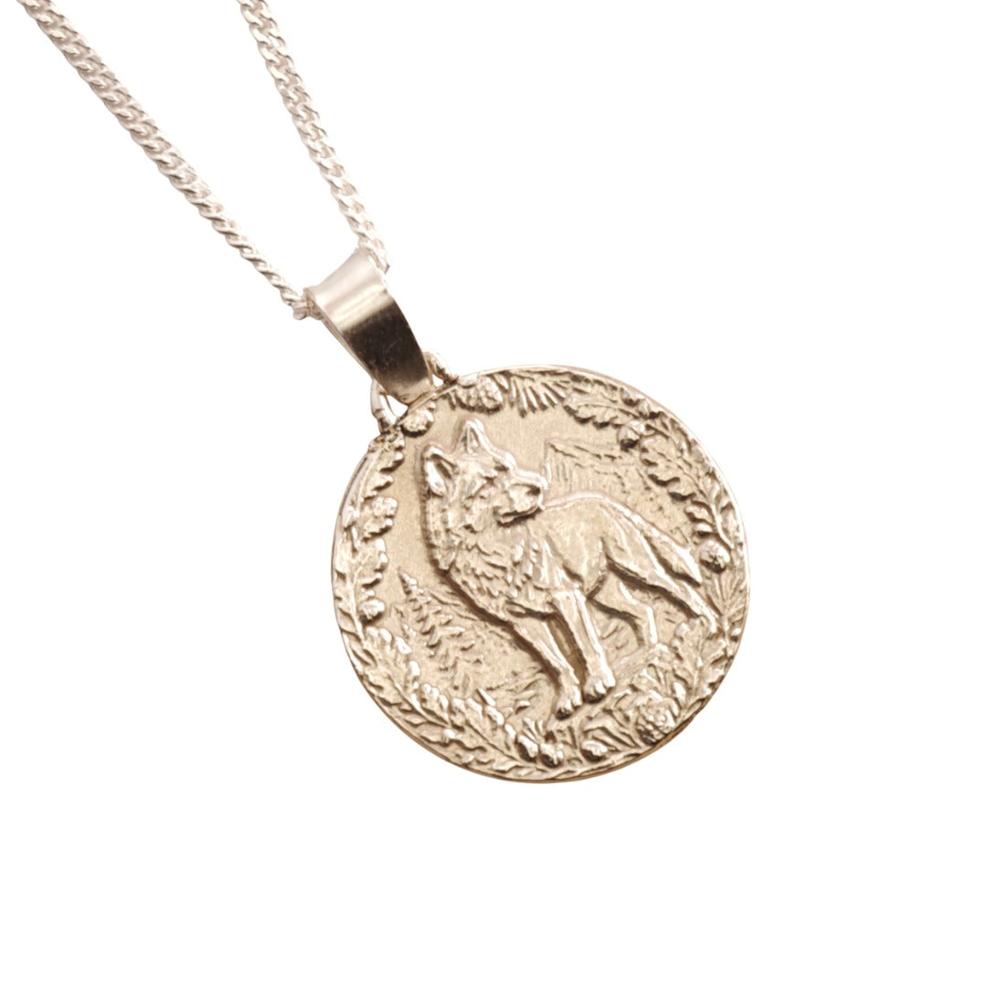Wolf Engraved Sterling Silver Coin Necklace