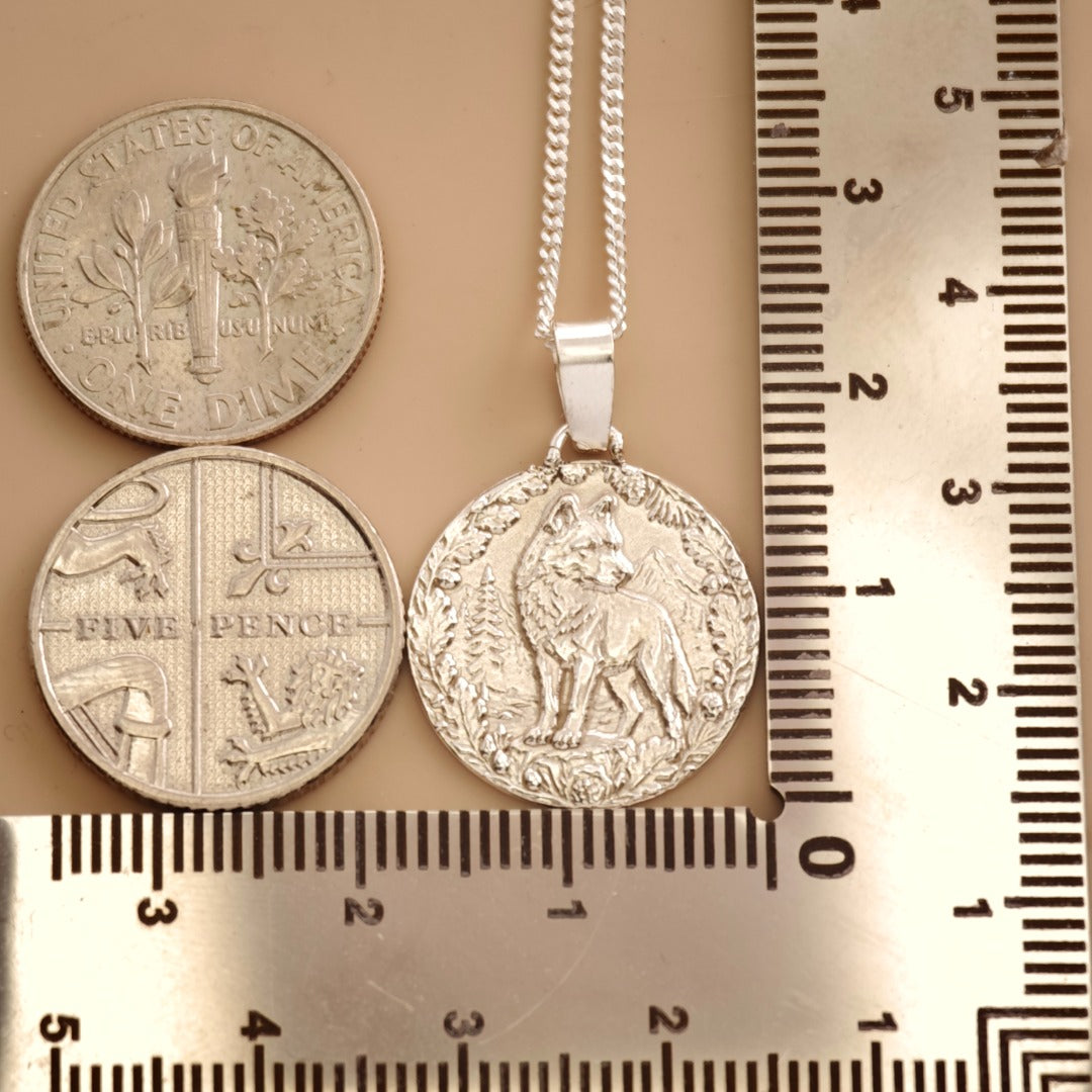 Wolf Engraved Sterling Silver Coin Necklace