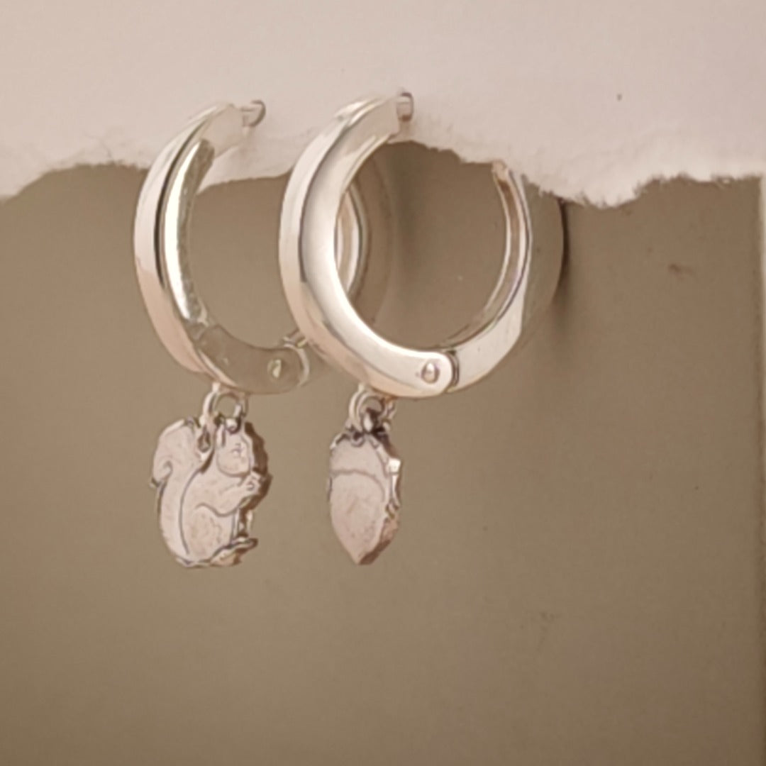 Squirrel and Acorn Engraved Sterling Silver Huggie Earrings