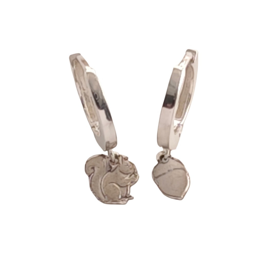 Squirrel and Acorn Engraved Sterling Silver Huggie Earrings
