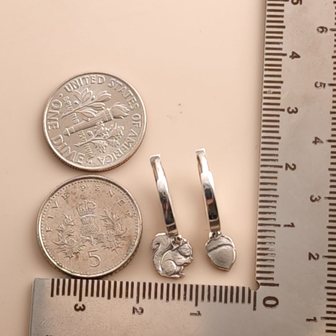Squirrel and Acorn Engraved Sterling Silver Huggie Earrings