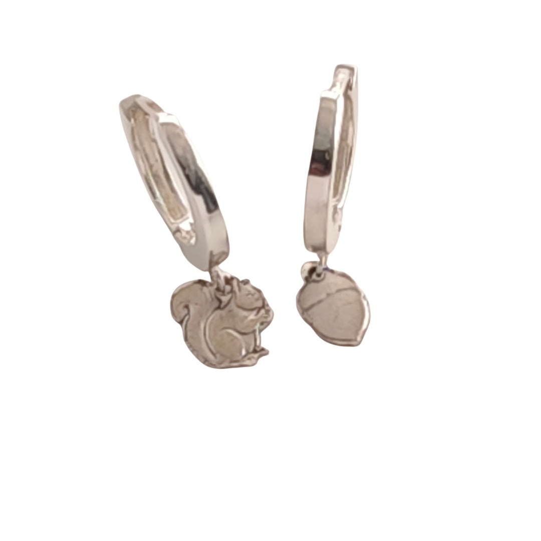 Squirrel and Acorn Engraved Sterling Silver Huggie Earrings