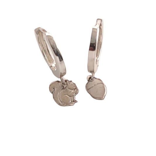 Squirrel and Acorn Engraved Sterling Silver Huggie Earrings