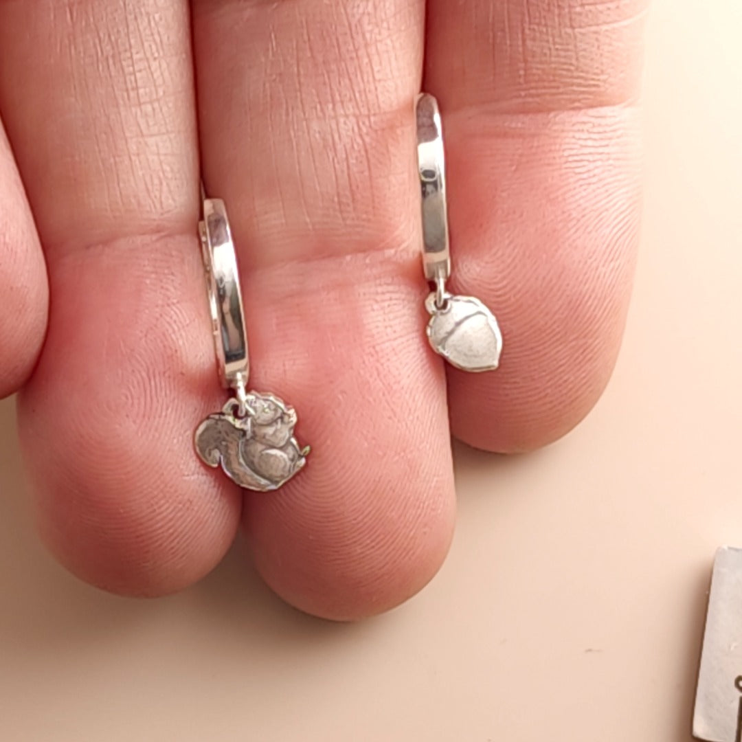 Squirrel and Acorn Engraved Sterling Silver Huggie Earrings