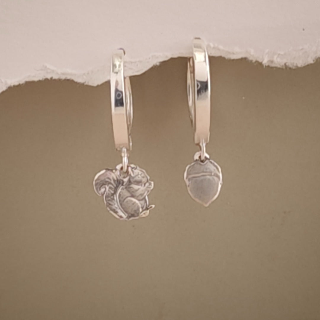 Squirrel and Acorn Engraved Sterling Silver Huggie Earrings