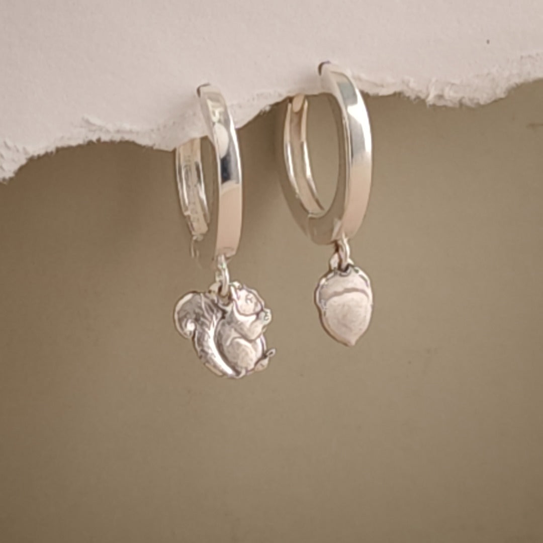 Squirrel and Acorn Engraved Sterling Silver Huggie Earrings