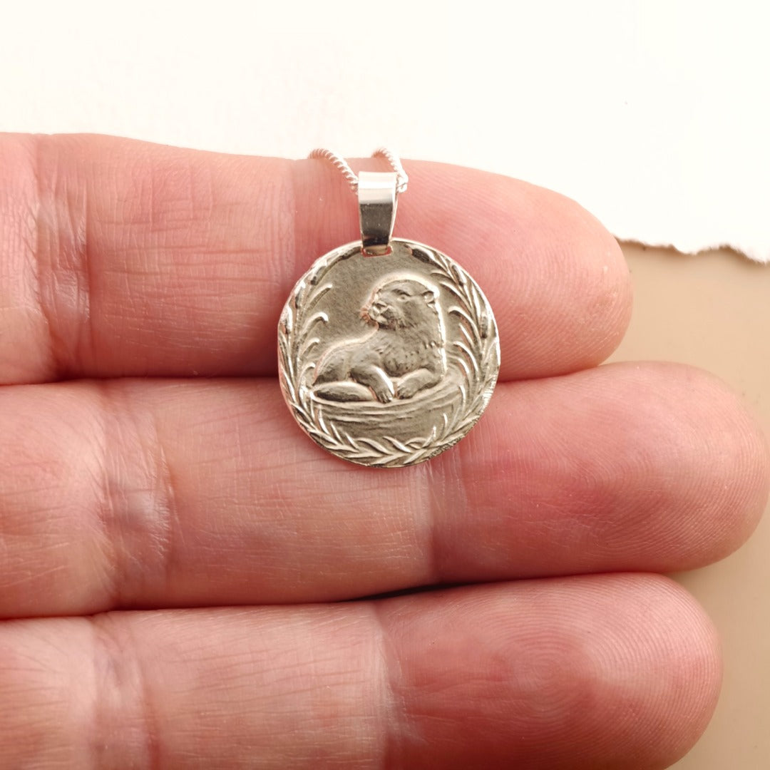 Otter Engraved Sterling Silver Coin Necklace