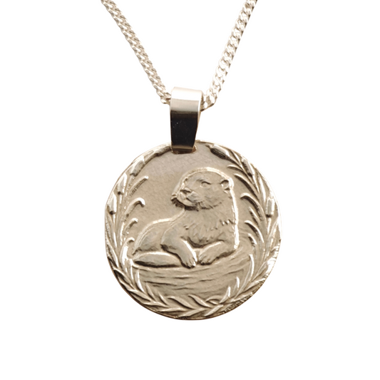 Sterling silver engraved otter coin pendant necklace, handcrafted in the UK from recycled sterling silver