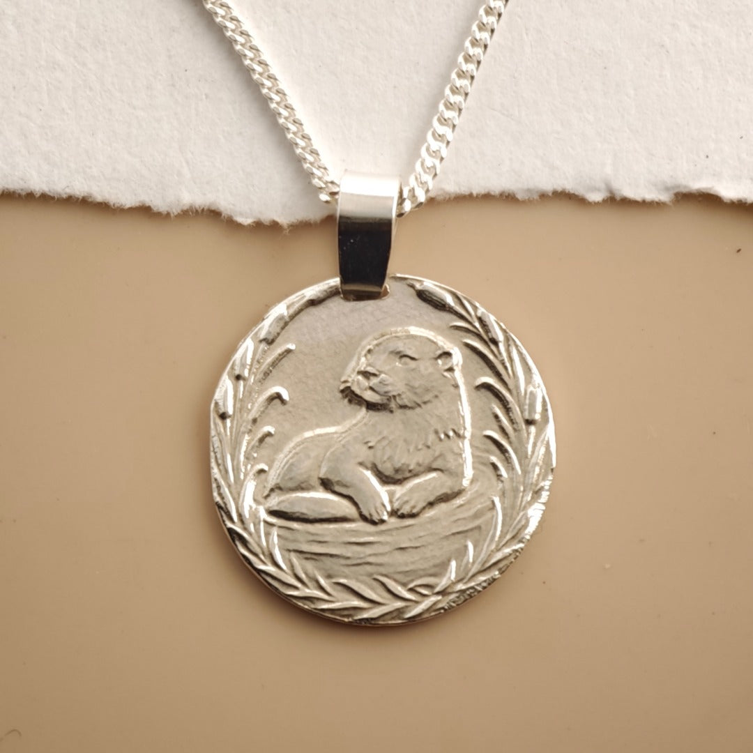 Otter Engraved Sterling Silver Coin Necklace