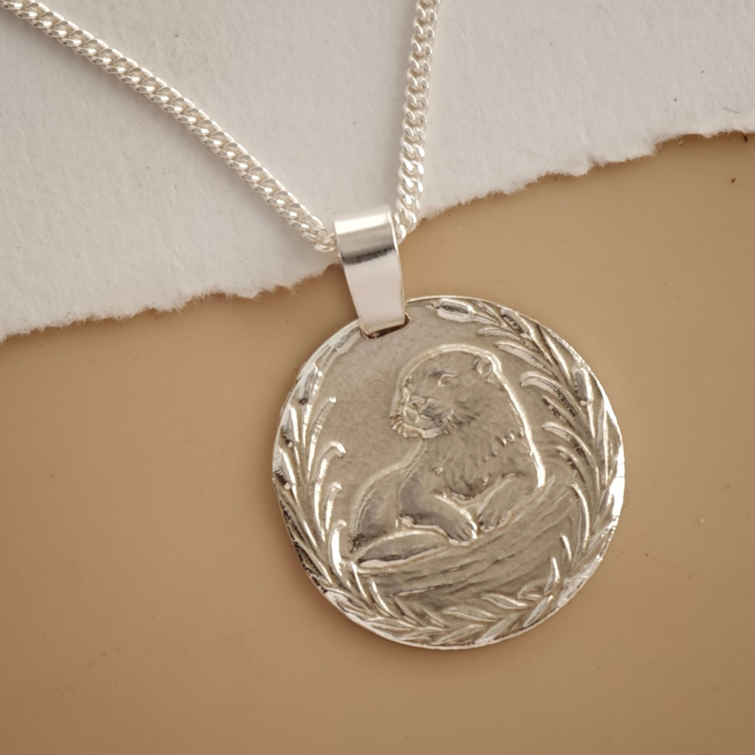 Otter Engraved Sterling Silver Coin Necklace