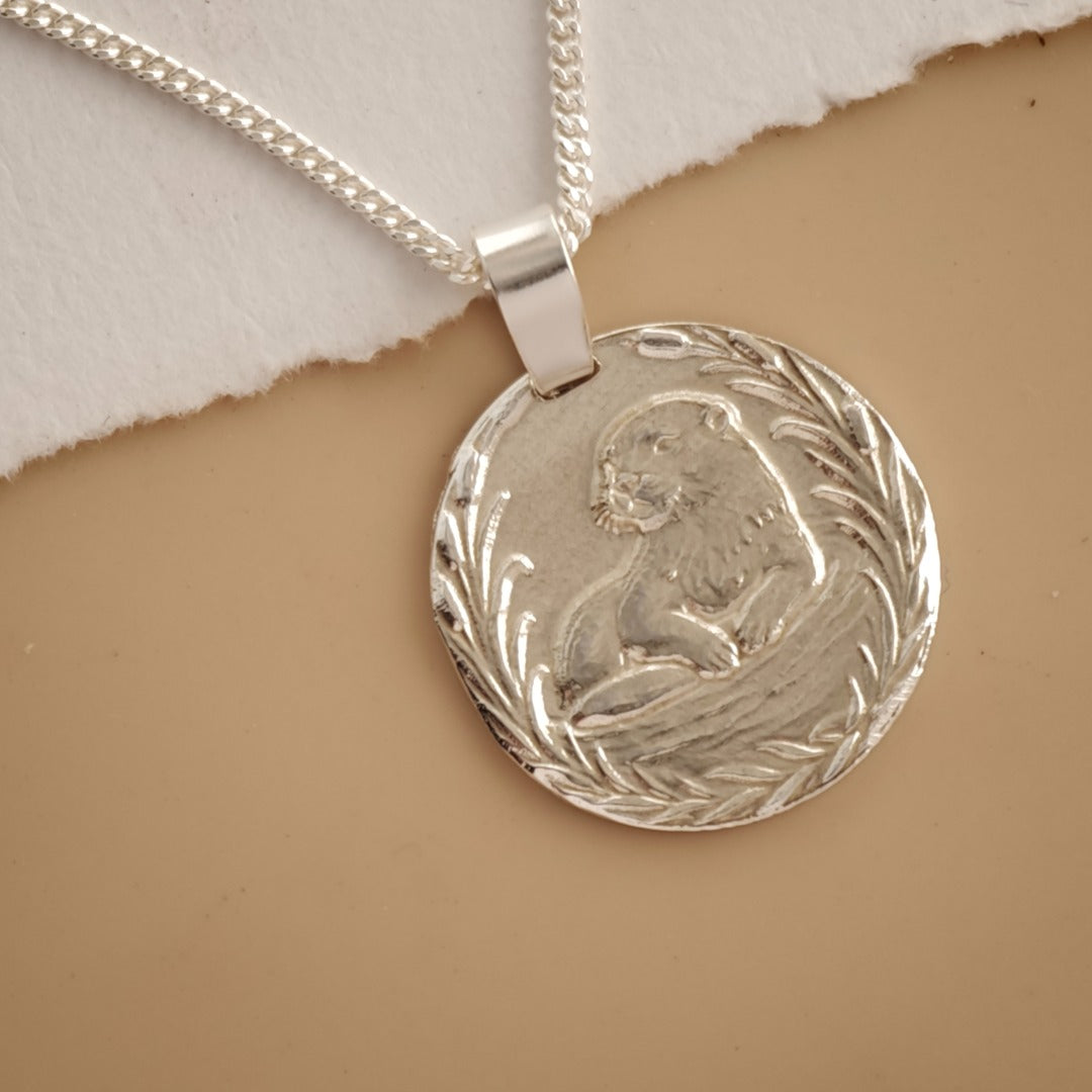 Otter Engraved Sterling Silver Coin Necklace