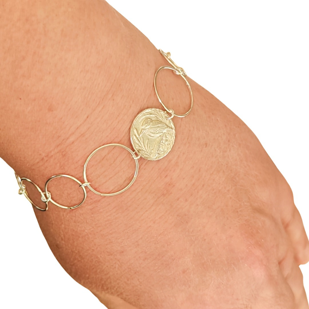 Kingfisher Engraved Sterling Silver Coin Bracelet