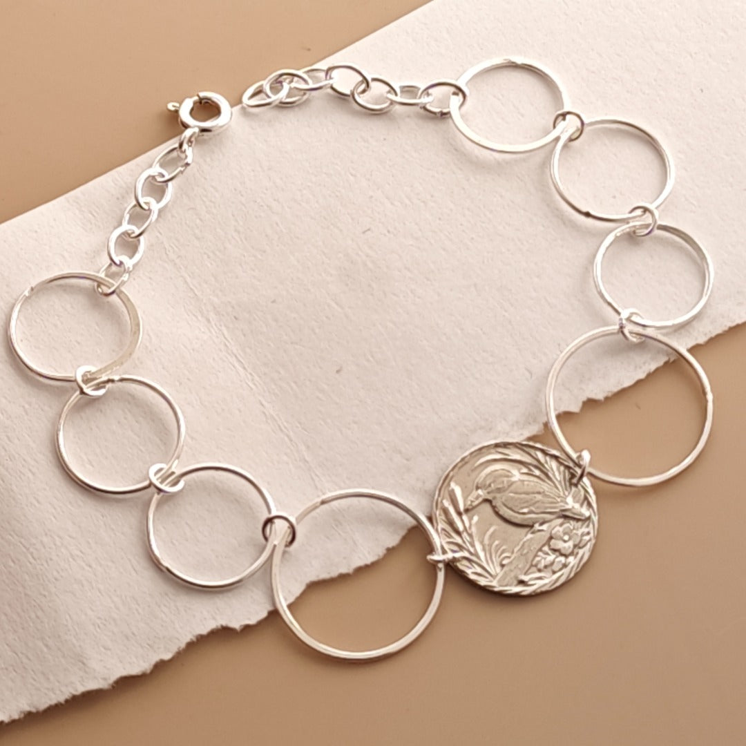 Kingfisher Engraved Sterling Silver Coin Bracelet