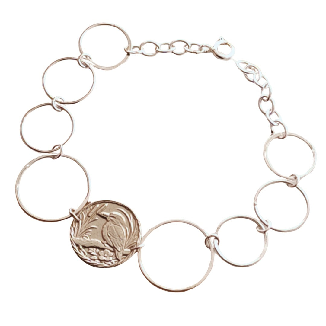 Kingfisher Engraved Sterling Silver Coin Bracelet