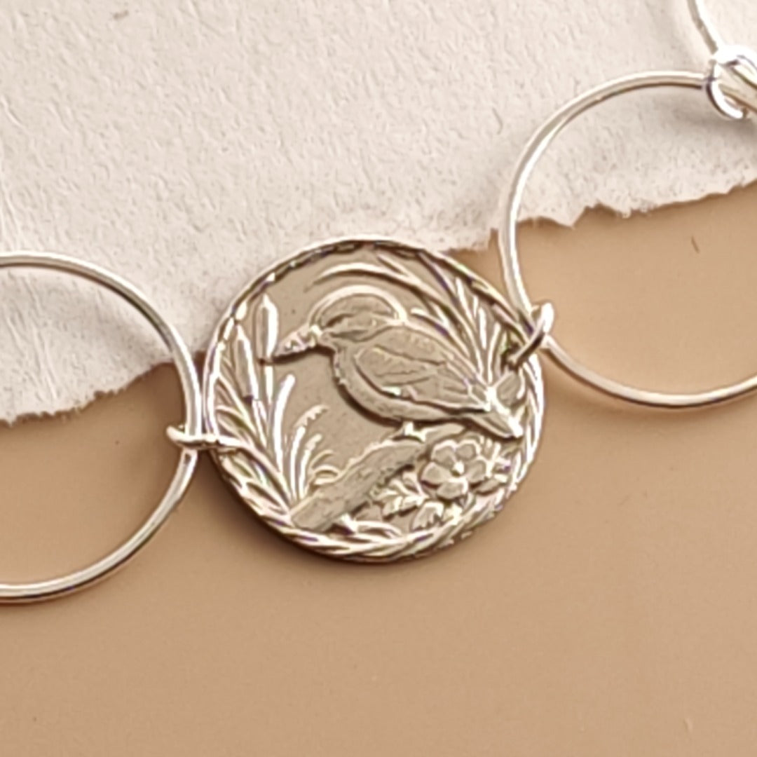 Kingfisher Engraved Sterling Silver Coin Bracelet