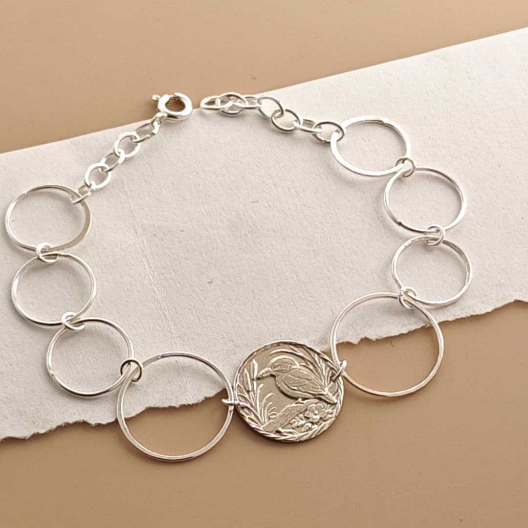 Kingfisher Engraved Sterling Silver Coin Bracelet