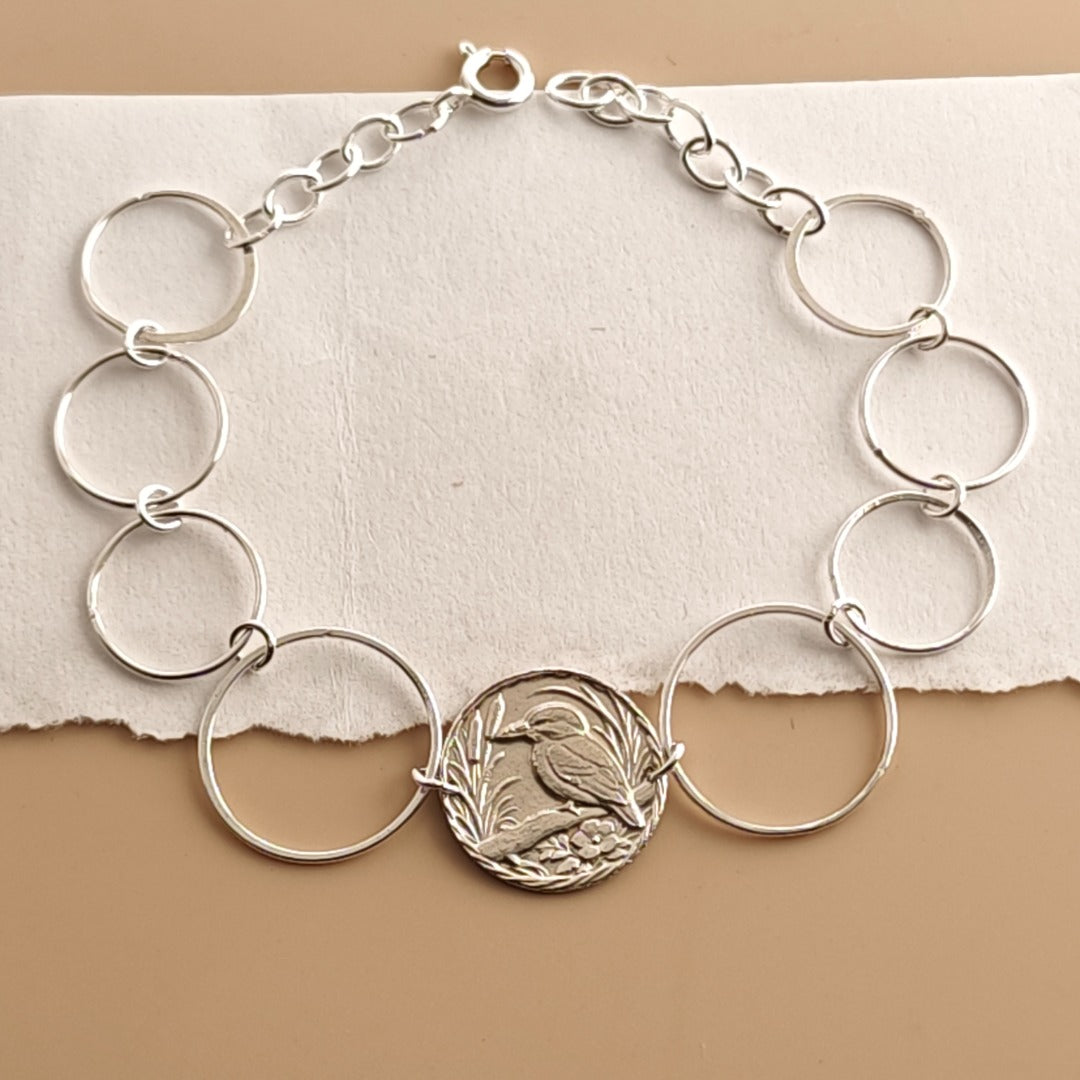 Kingfisher Engraved Sterling Silver Coin Bracelet