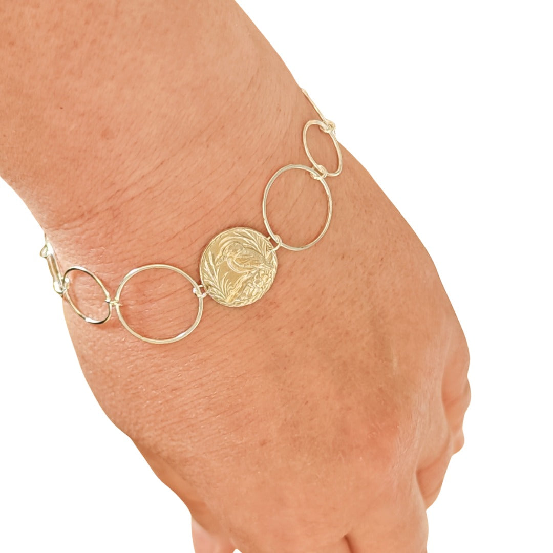 Kingfisher Engraved Sterling Silver Coin Bracelet