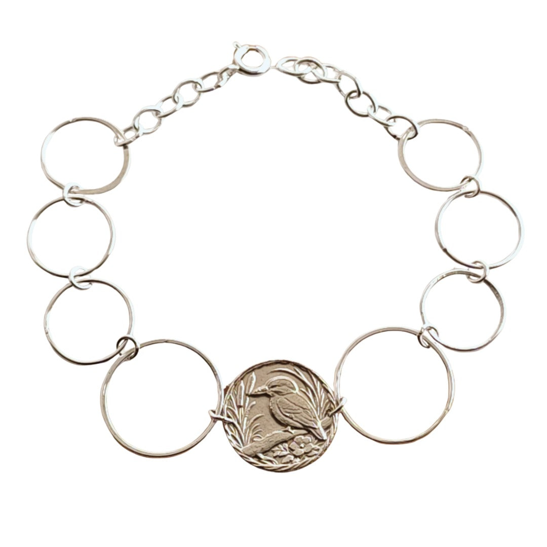 Kingfisher Engraved Sterling Silver Coin Bracelet