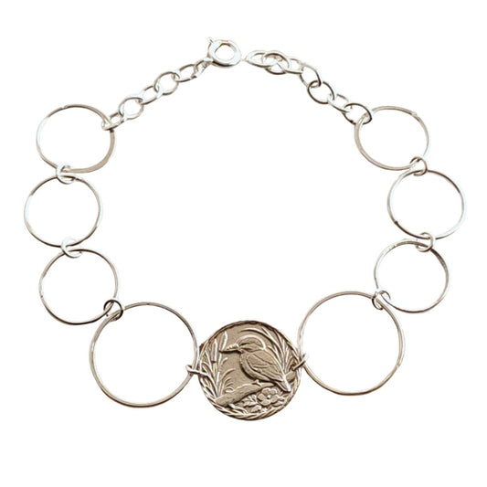 Kingfisher Engraved Sterling Silver Coin Bracelet