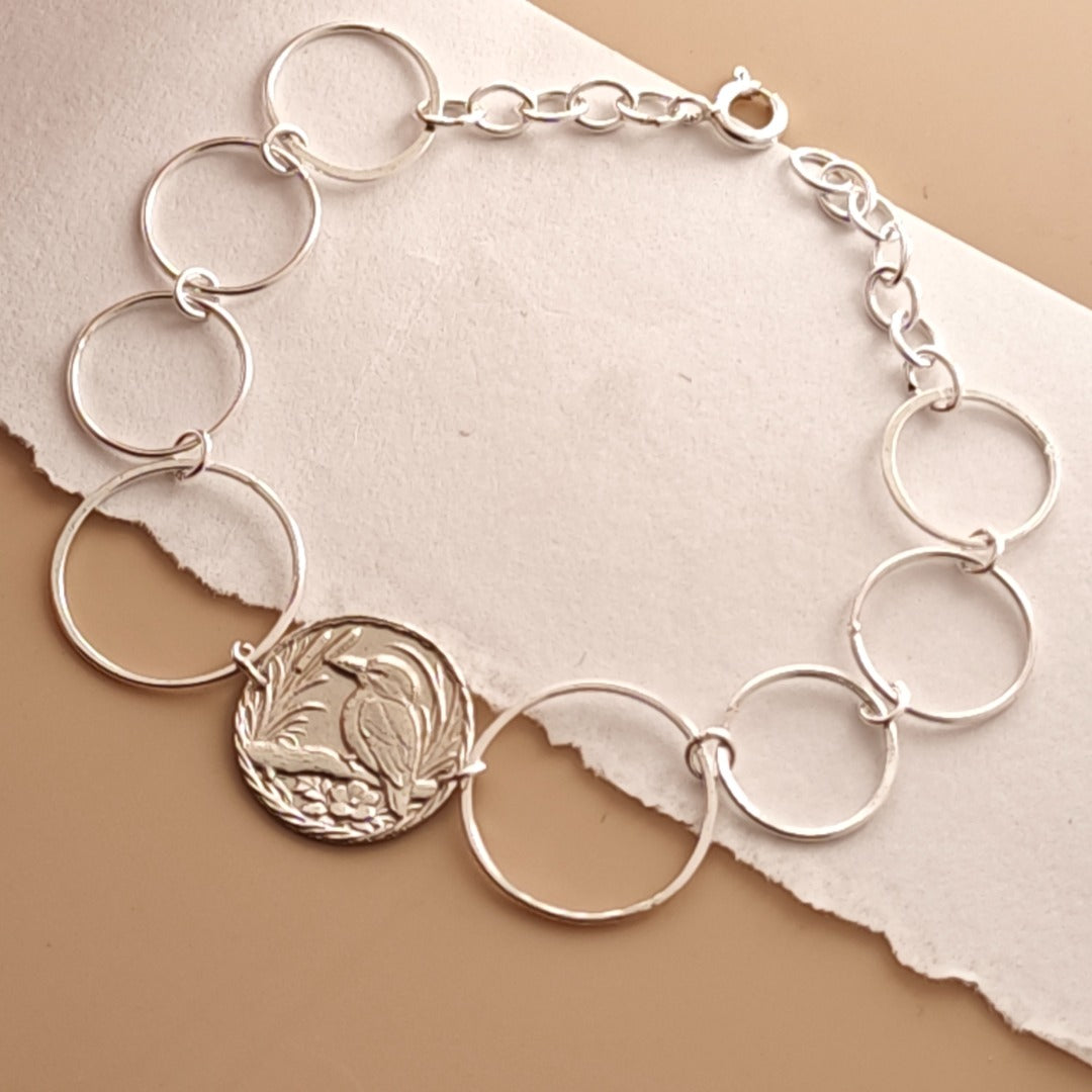 Kingfisher Engraved Sterling Silver Coin Bracelet