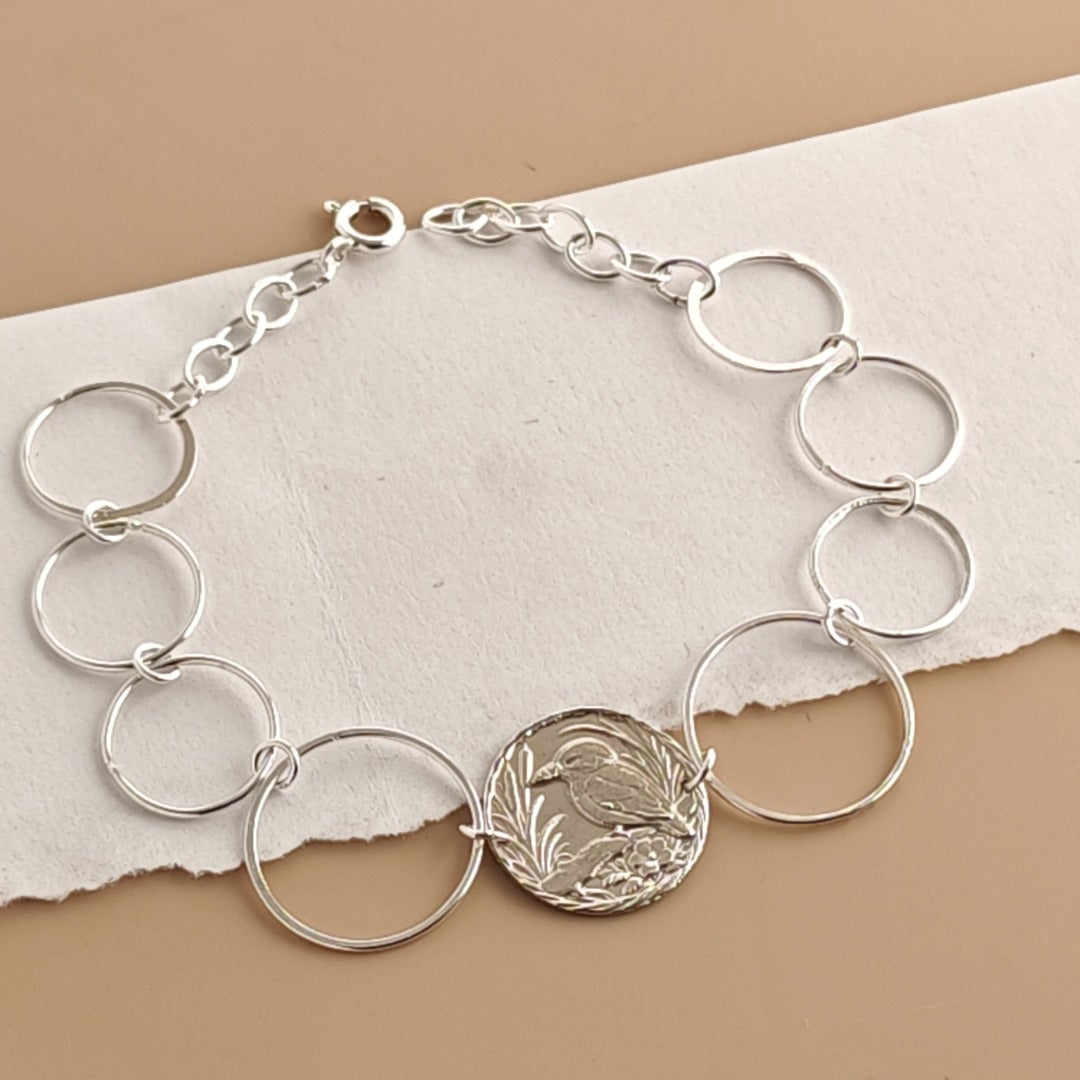 Kingfisher Engraved Sterling Silver Coin Bracelet