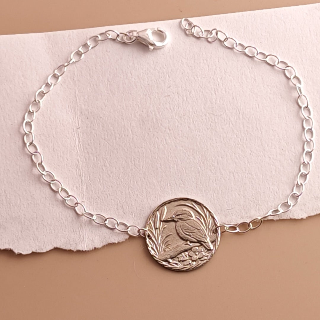 Kingfisher Engraved Sterling Silver Coin Bracelet