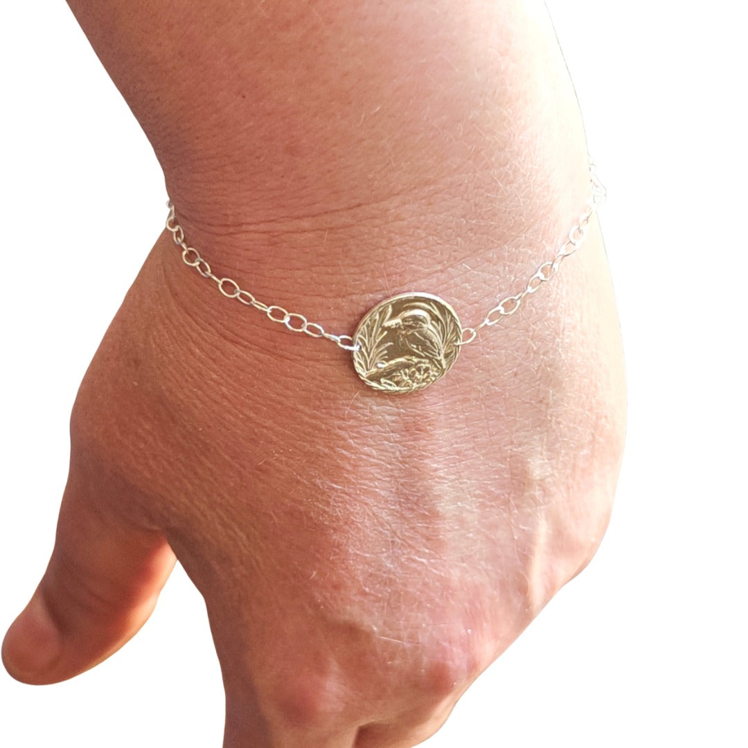 Kingfisher Engraved Sterling Silver Coin Bracelet