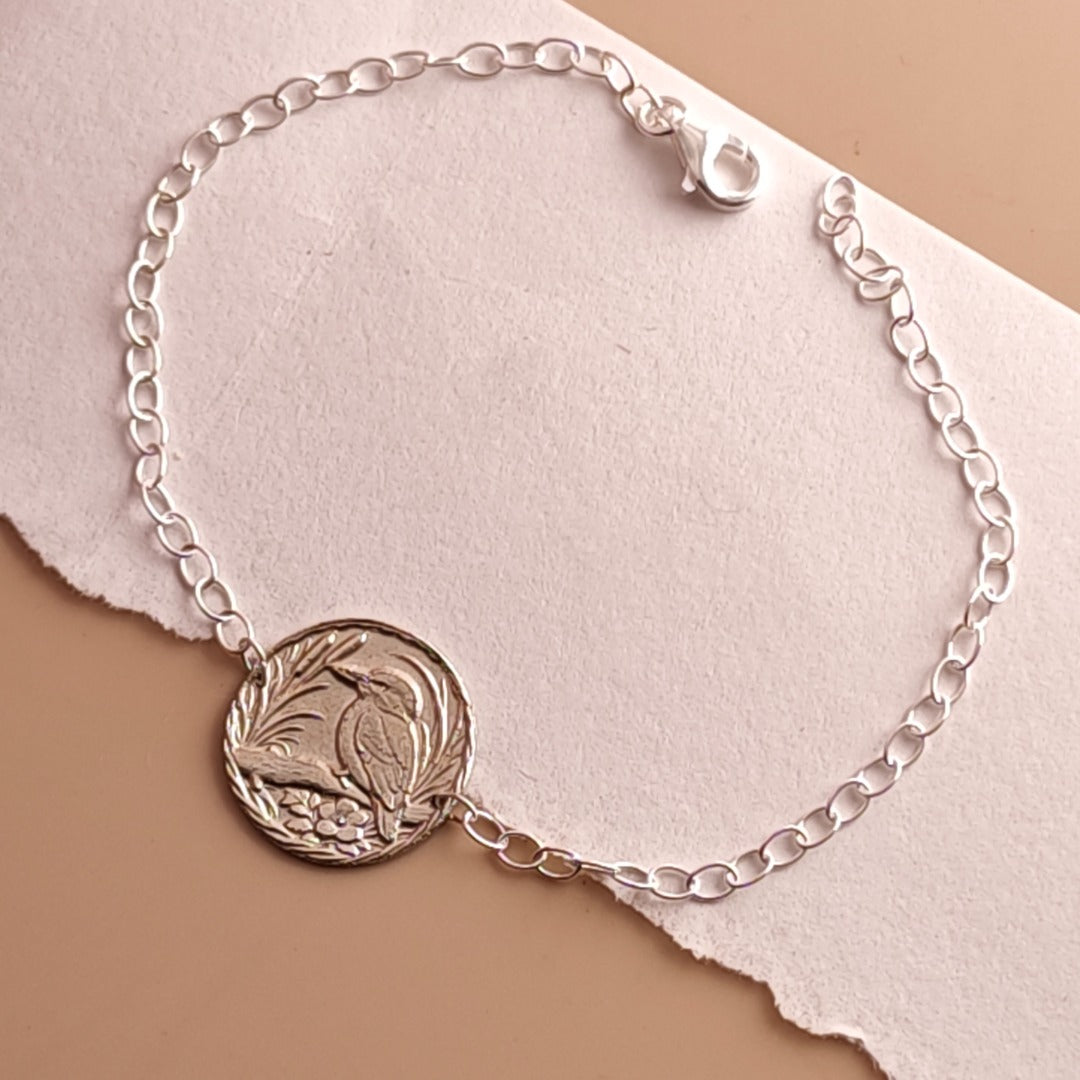 Kingfisher Engraved Sterling Silver Coin Bracelet
